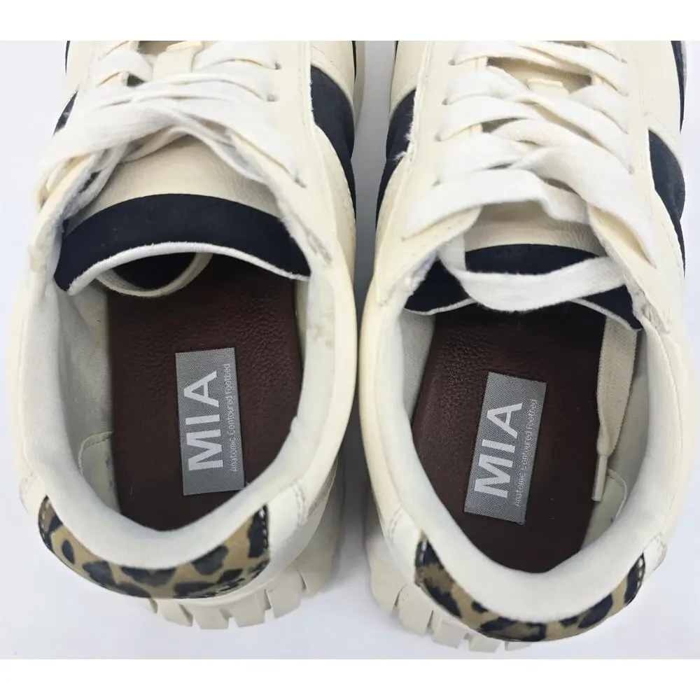 MIA Town Sneakers Womens 8 Cream Black Leopard Neutral Casual Athleisure Shoe‎